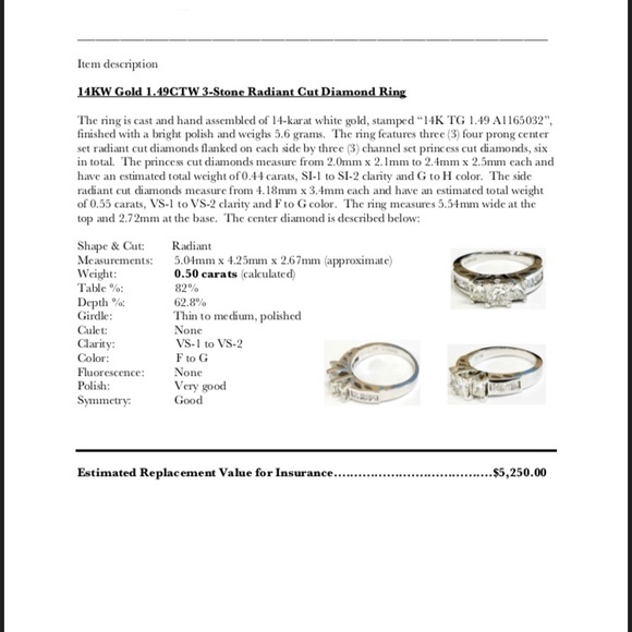 APPRAISED 3 Stone Radiant Cut Diamond Ring - Picture 2 of 4